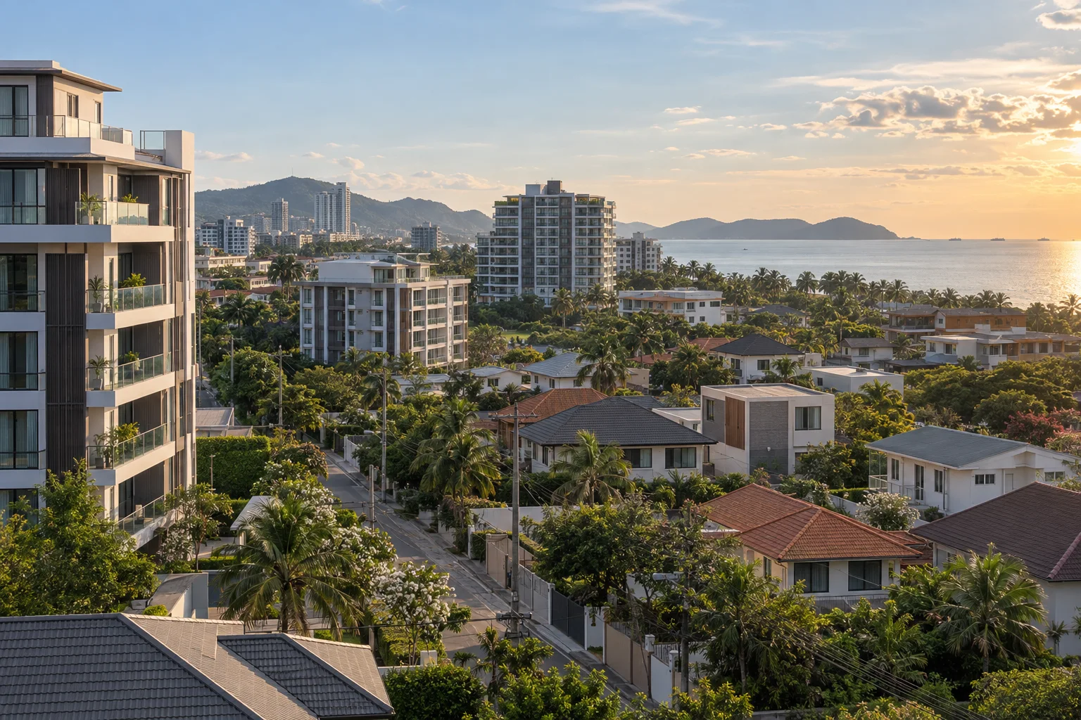 Illustration d'un quartier côtier de l'est thaïlandais avec copropriétés, maisons et rues arborées