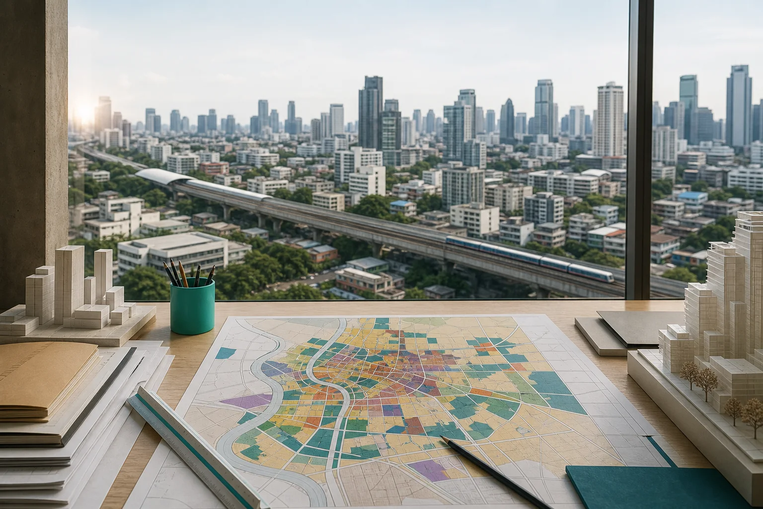 Bangkok skyline, rail line, architectural models, and an abstract colour-coded planning map used for property checks