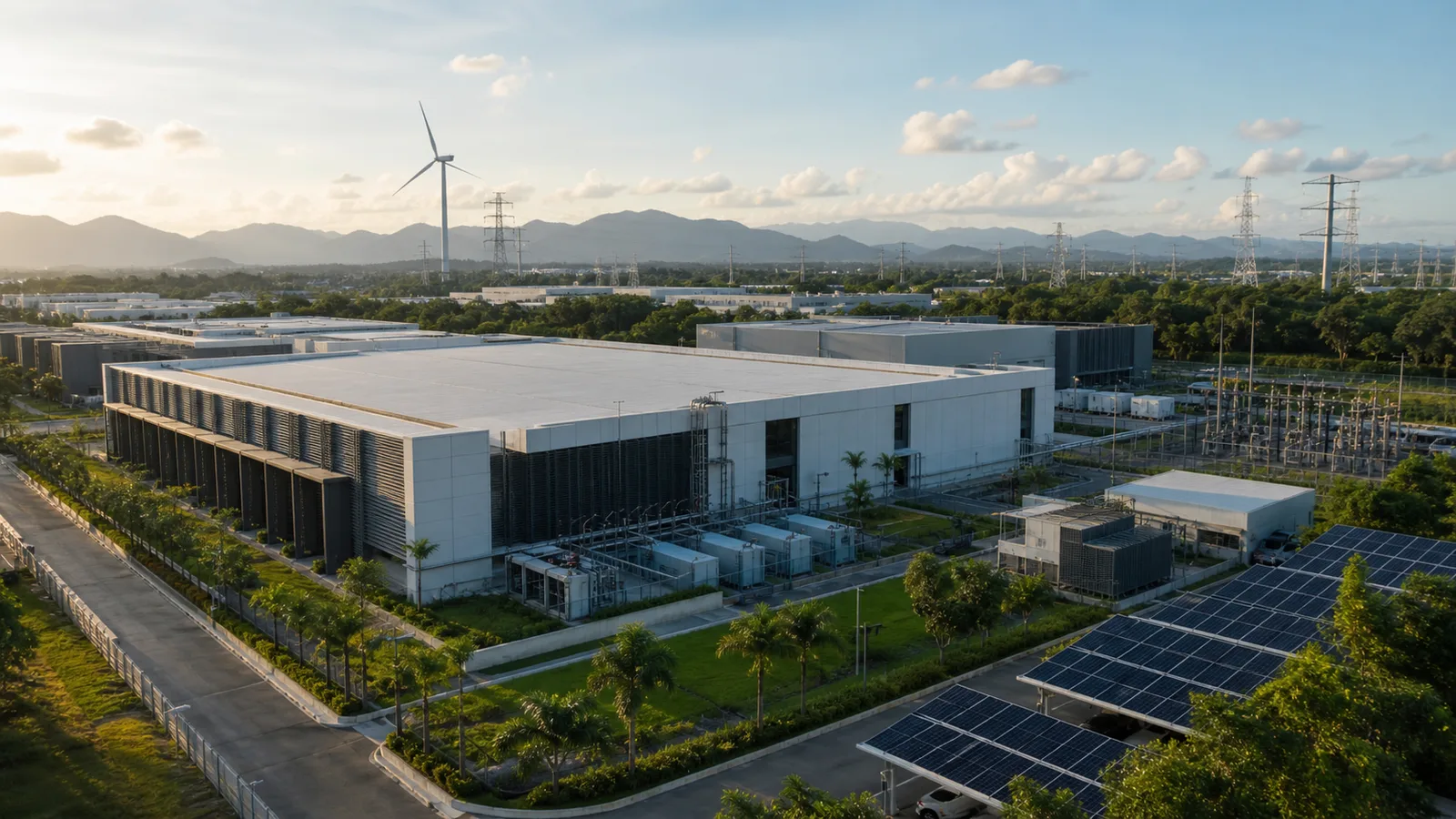 Modern data centre campus in Thailand with grid infrastructure, solar power, and tropical landscaping