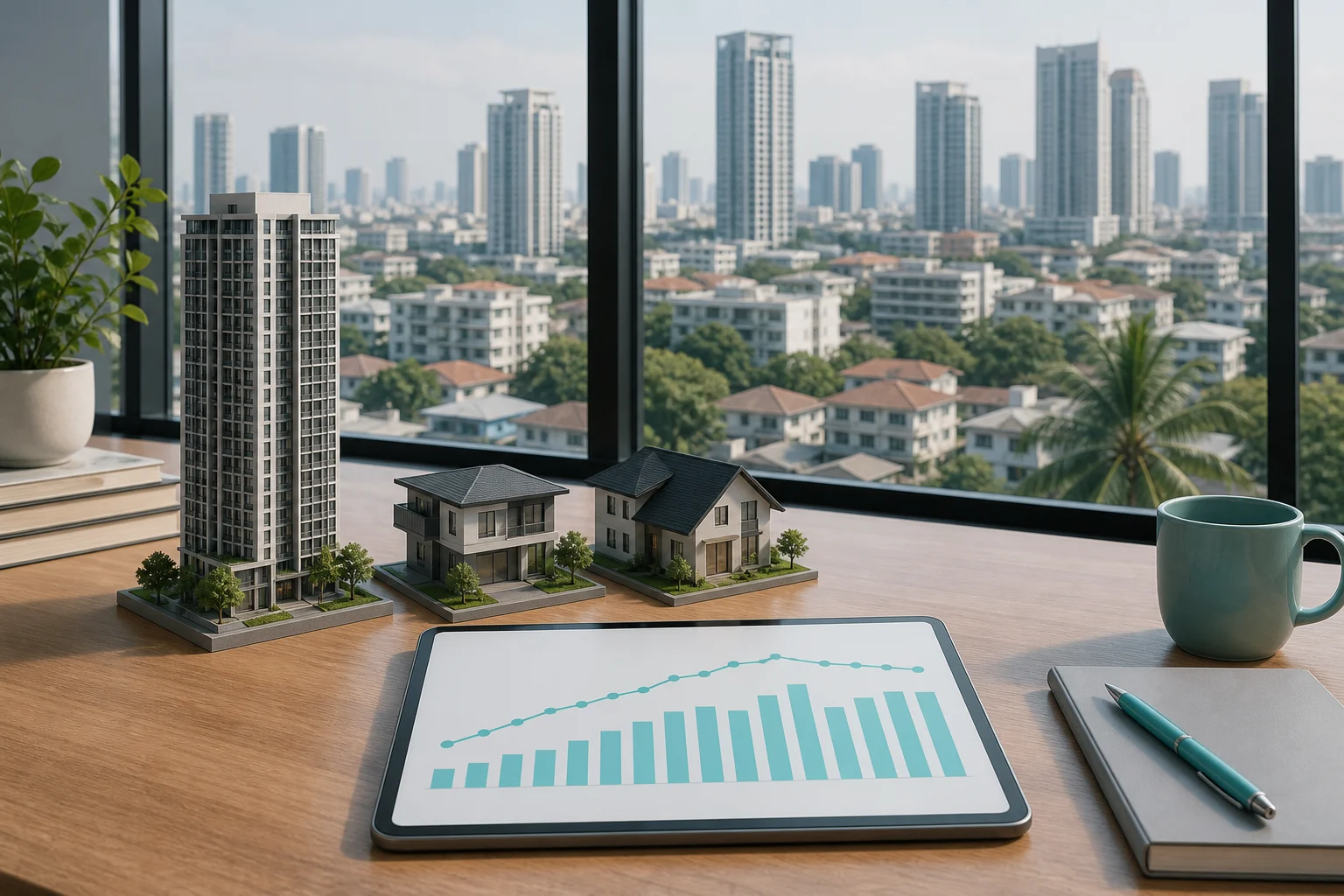 Modern Bangkok condominiums and low-rise homes with a subtle property-market data overlay