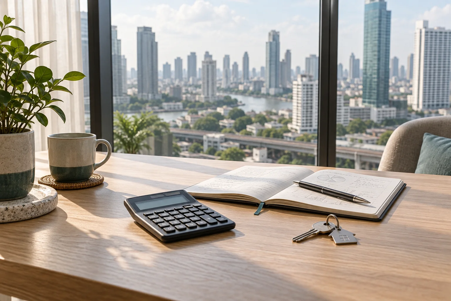 Calculator, notebook and property keys on a table overlooking Bangkok, an illustrative property-analysis scene