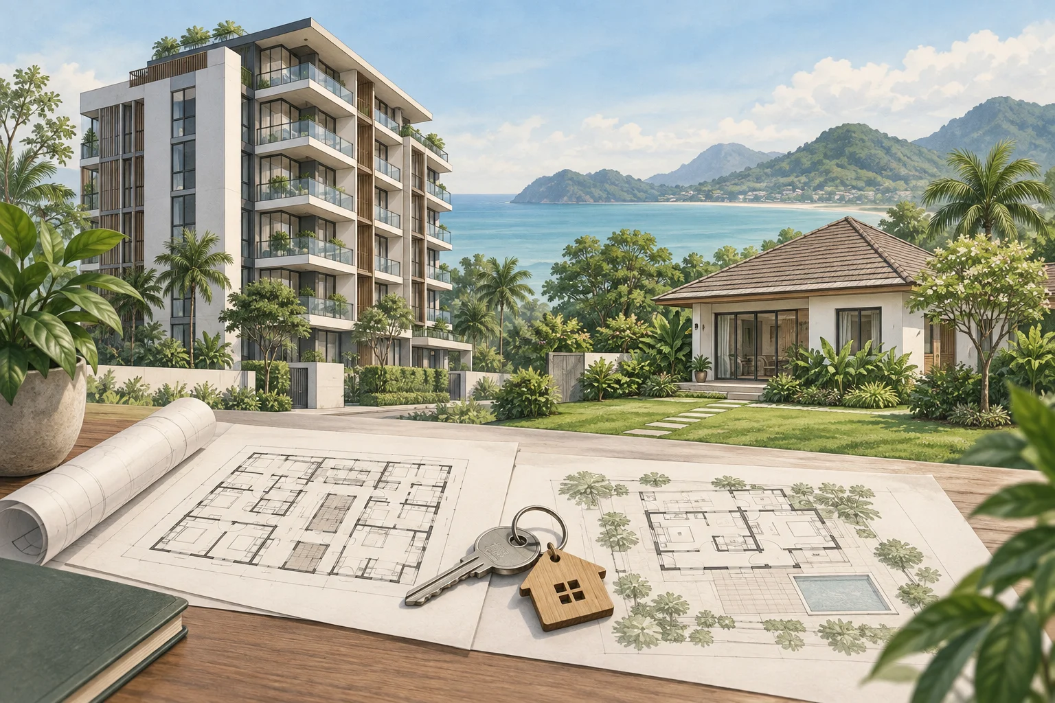 Editorial illustration of a Thai condominium and detached home, with architectural plans and a key in the foreground