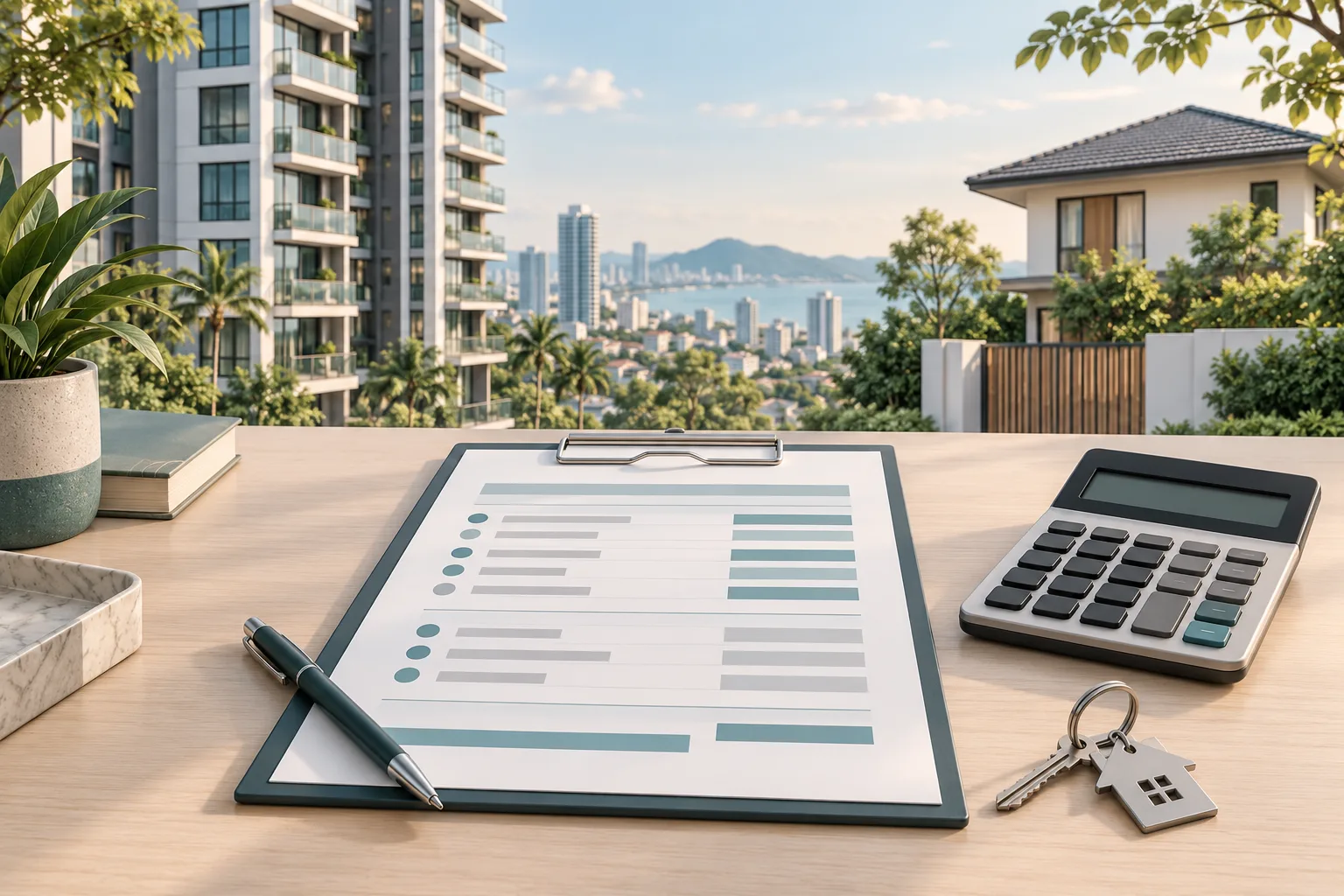 Editorial illustration of a property sale-cost worksheet, calculator and house key with Thai homes in the background
