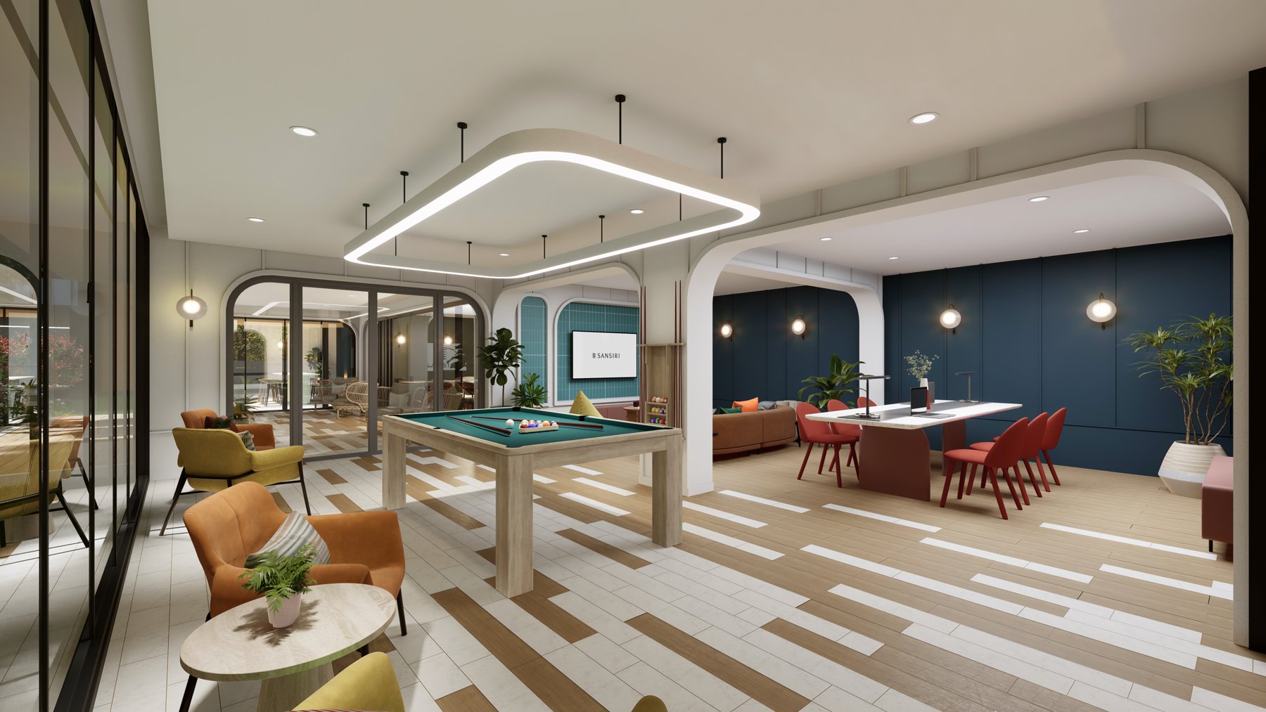 dcondo Shine Rangsit: Spacious game room and lounge with a pool table and comfortable seating areas.