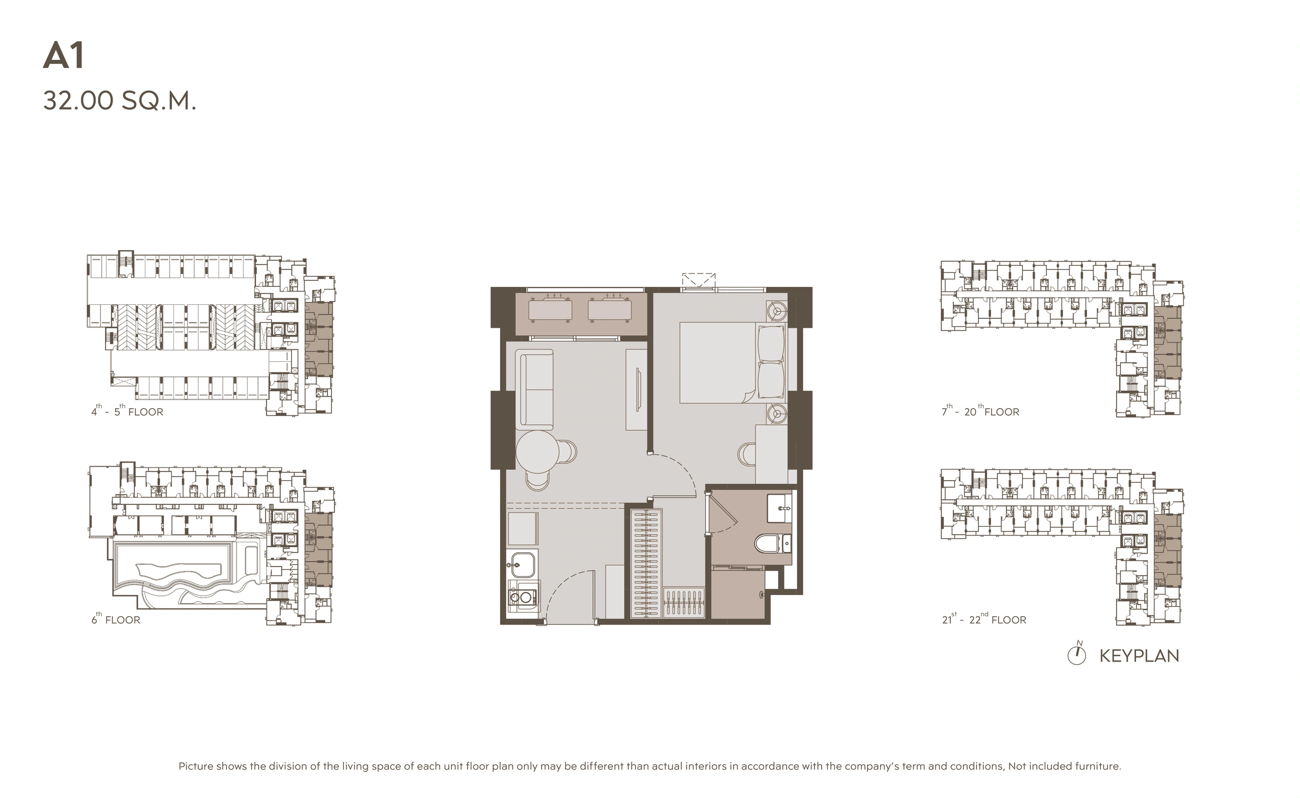 A1 32 sqm reference plan; A1M is its mirrored layout.