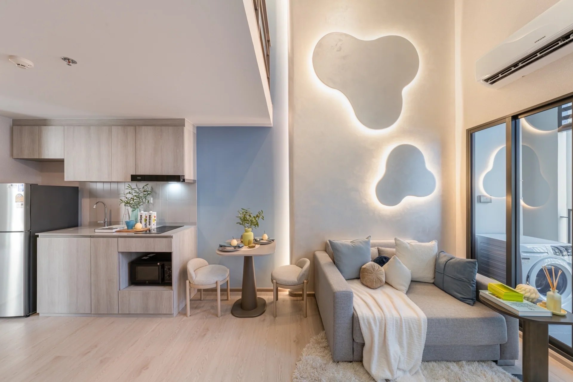Different layout: one-bedroom high-ceiling show apartment, not studio A1606.