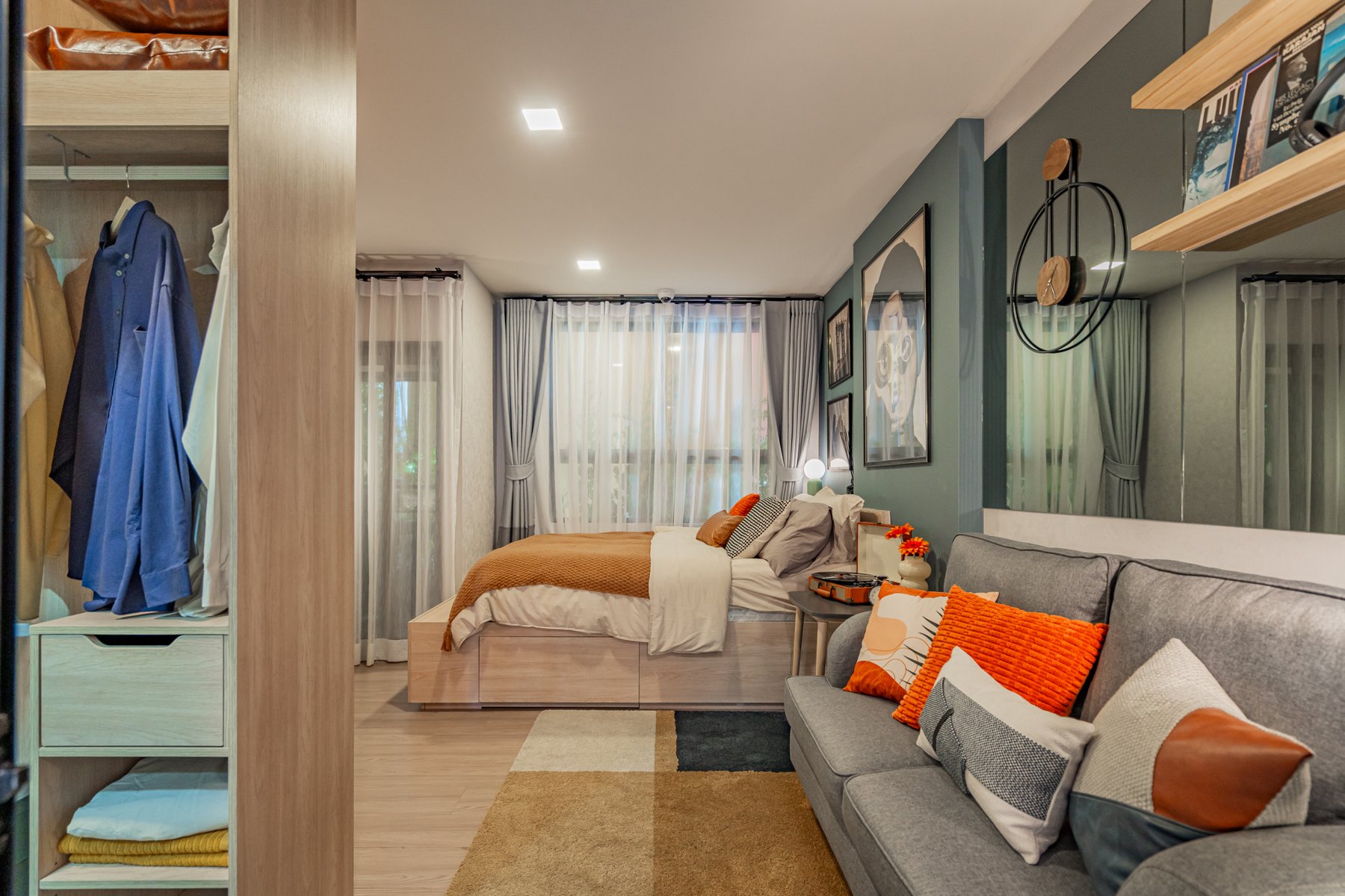 The MUVE Sukhumvit 107: Living and bedroom area of a fully furnished one-bedroom show unit.